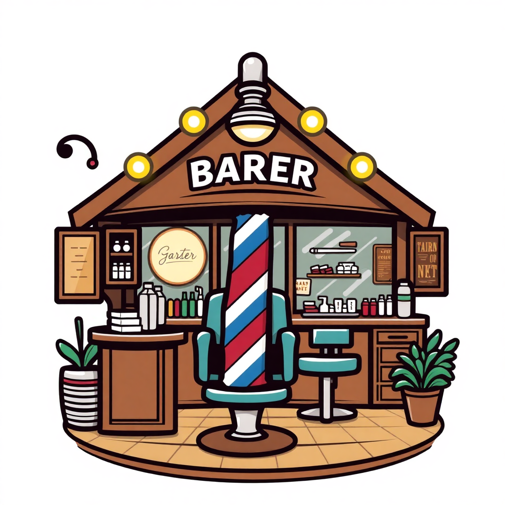 The image is an illustration of a barber shop. The shop has a brown roof with the word BARER written in white letters above the entrance. The entrance has a large window with a sign that reads Barber above it. Below the window, there is a barbershop counter with various barber tools and supplies. On the counter, there are two blue barber chairs with red and white striped cushions. There are also two potted plants on either side of the counter. The overall style of the shop is cartoon-like and colorful.