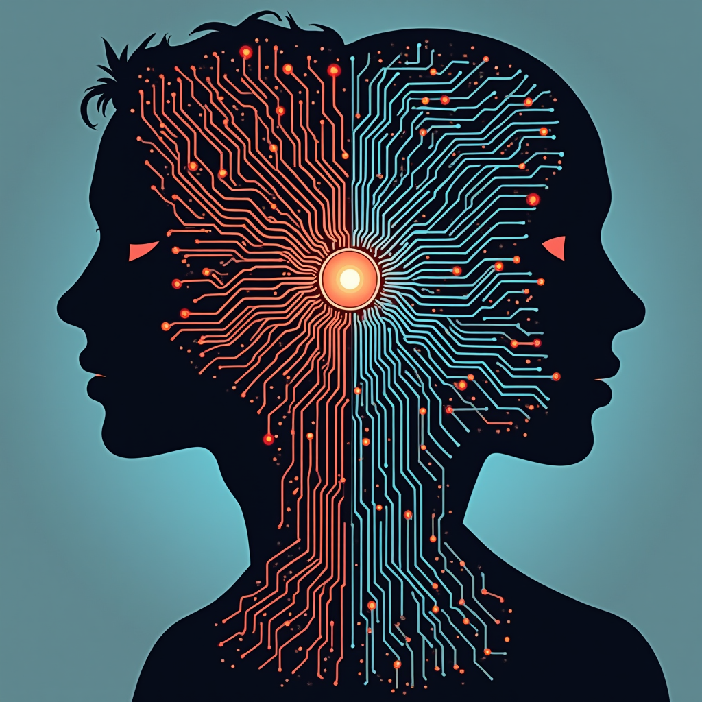 T-Shirt Idea 1 (Human-AI Collaboration): Split design: one half a human silhouette with organic, artistic swirls, the other half a robotic/AI silhouette with circuit patterns and glowing code lines. Both sides contribute to a central piece of generative art. Text: 'AI Artist. Code Co-Designer.'