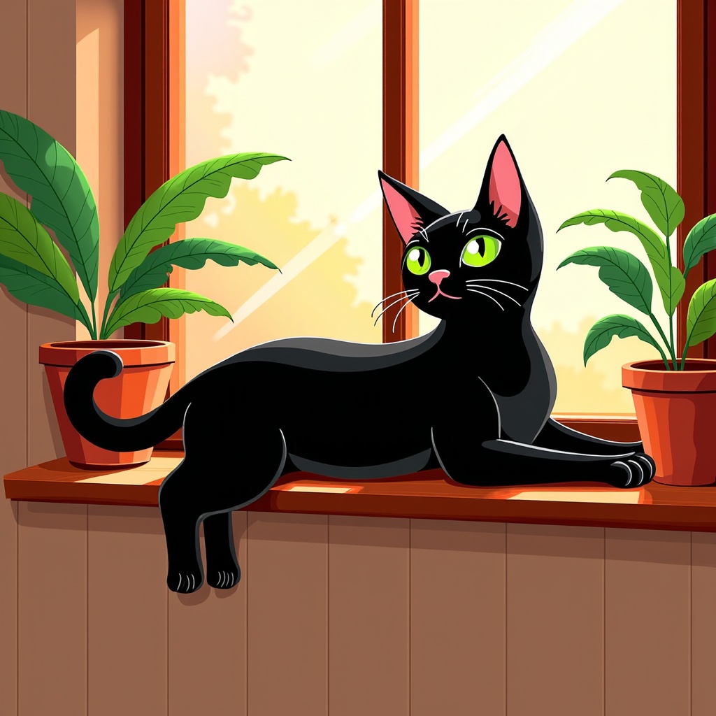  a black cat sitting on a window sill. The cat is facing the camera and is looking directly at the viewer. It has pointed ears and green eyes. The window sill is made of wood and there are two potted plants on either side of the cat. The background is a wooden wall with a window that lets in natural light. The overall mood of the image is peaceful and serene.