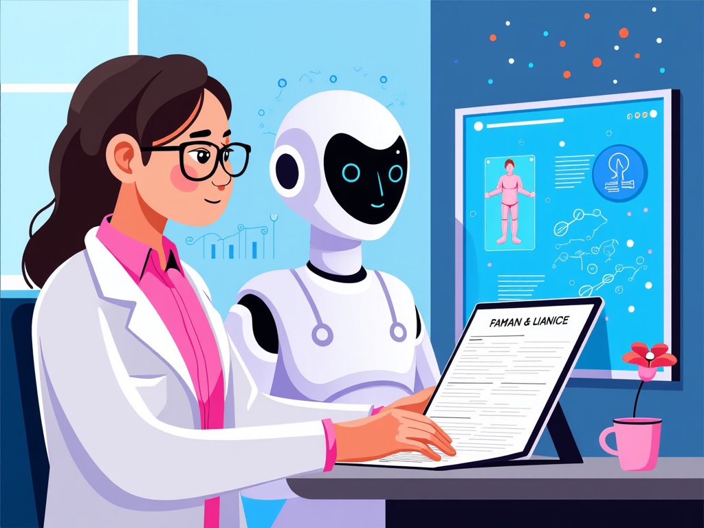 A doctor and an AI (visualized as a holographic interface or a sleek robotic assistant) collaboratively reviewing a patient's complex biological data (DNA strands, cellular scans, real-time vitals) on a futuristic display. The AI highlights key insights, and a personalized treatment plan scroll emerges, tailored specifically to the patient who is seen looking hopeful in the background.