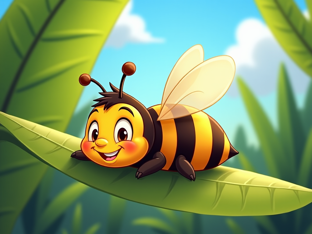 A cartoon bee resting atop a banana leaf, its small legs tucked beneath its round body, basking in the warm sun.