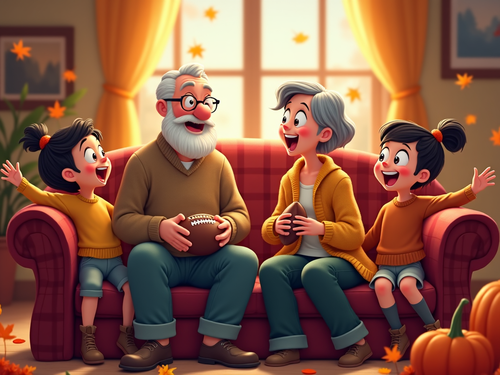 An elderly couple sitting comfortably on a plaid couch, surrounded by their grandchildren, engaging in Thanksgiving football talk during halftime.