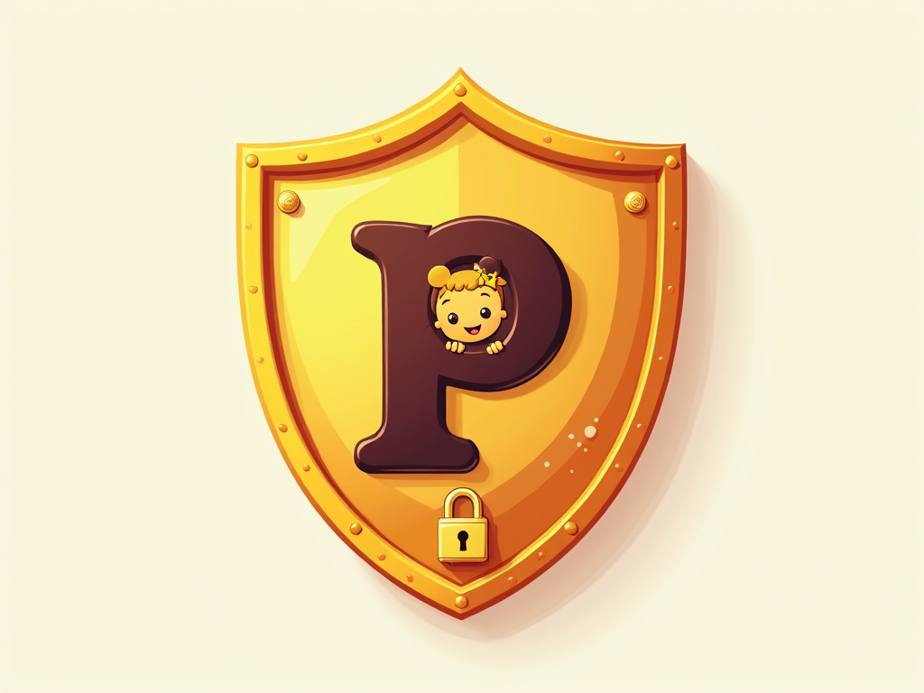 A simple icon for the 'Parental Control Pad': a friendly shield emblem containing a stylized child silhouette or a prominent 'P' letter, possibly with a small, reassuring lock icon integrated, signifying protection and control.