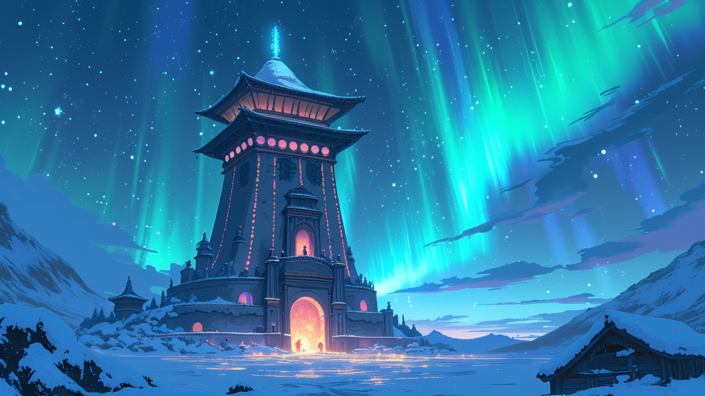 The Northern Water Tribe's ceremonial tower under shimmering auroras, glowing magnificently, representing the profound spirituality and rich tradition.