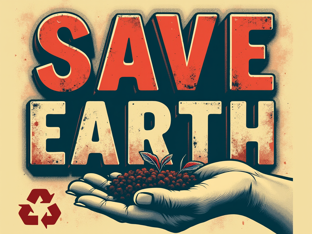 Create a design that mimics a vintage protest poster. Use bold, blocky lettering for a powerful statement like 'SAVE EARTH' or 'ACT FOR EARTH'. Incorporate rough textures, perhaps some symbolic imagery like a recycling symbol or a human hand caring for a sprout, all rendered in a two-tone or limited color scheme characteristic of old prints.