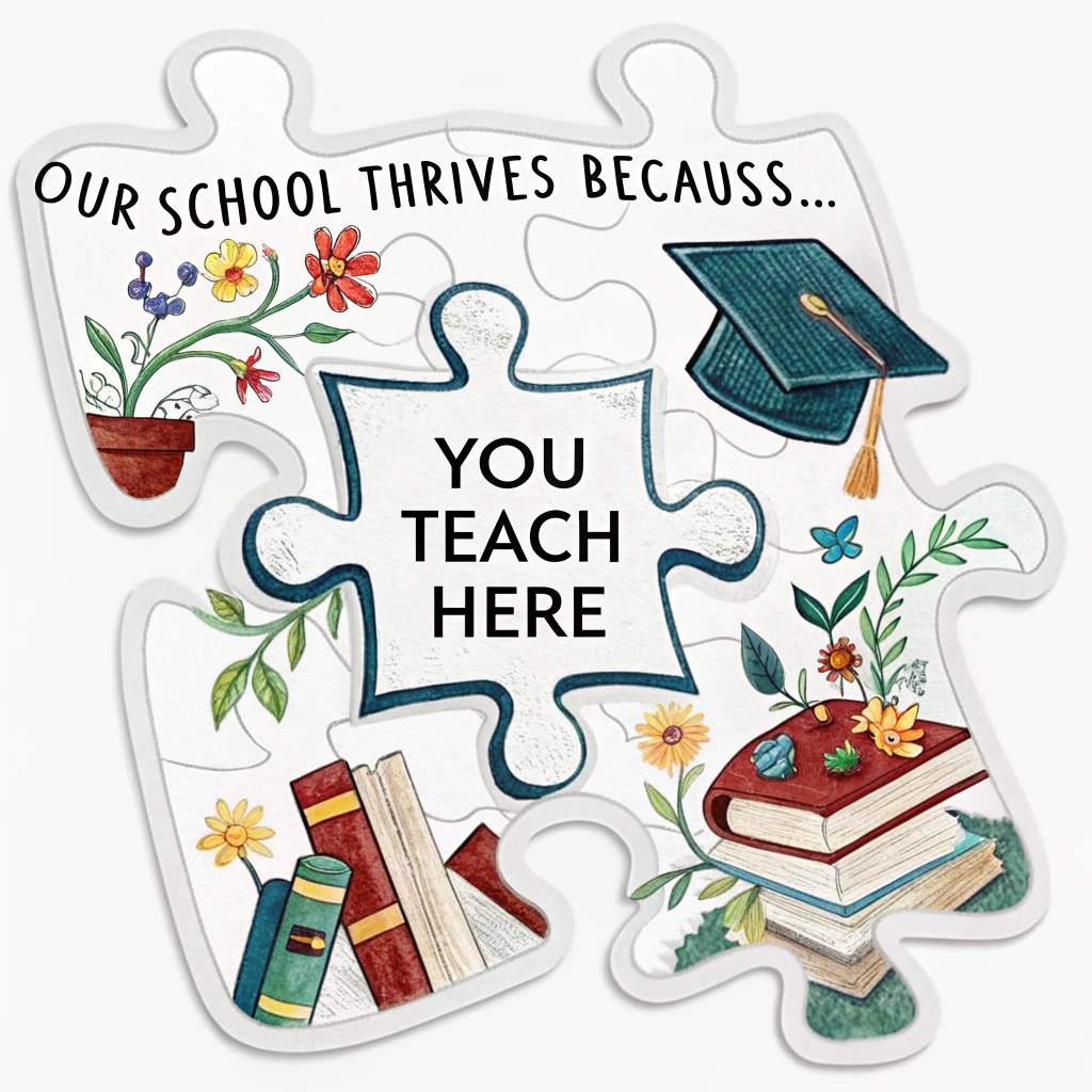 A design using interlocking puzzle pieces. One central piece prominently displays 'You Teach Here,' while surrounding pieces subtly incorporate school elements and growth motifs, illustrating how 'Our School Thrives Because...' of this essential contribution.