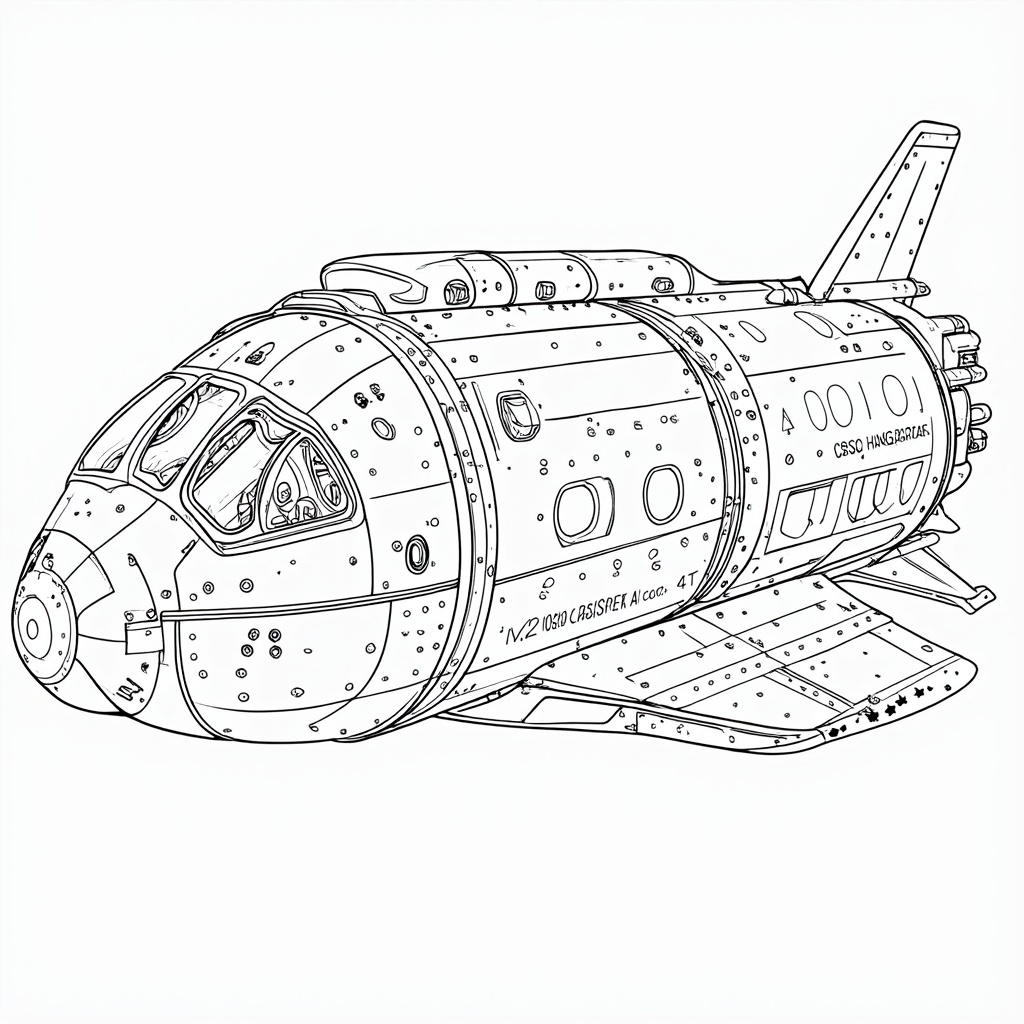 Coloring Page Design Idea 5: Starliner Close-Up. Scene: Detailed view of a section of the Starliner capsule (e.g., windows, thrusters, docking system) or its rocket attachment. Details: Intricate mechanical parts, rivets, mission decals.