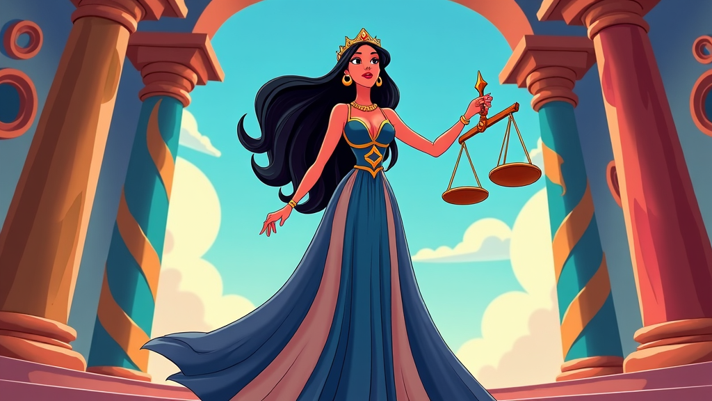 Cartoon Lady Justice standing in an abstract courtroom, characterized by vibrant, exaggerated architecture. Her pose is confident, with exaggerated, large scales tilting slightly to one side, hinting at dynamic movement in her pursuit of justice.