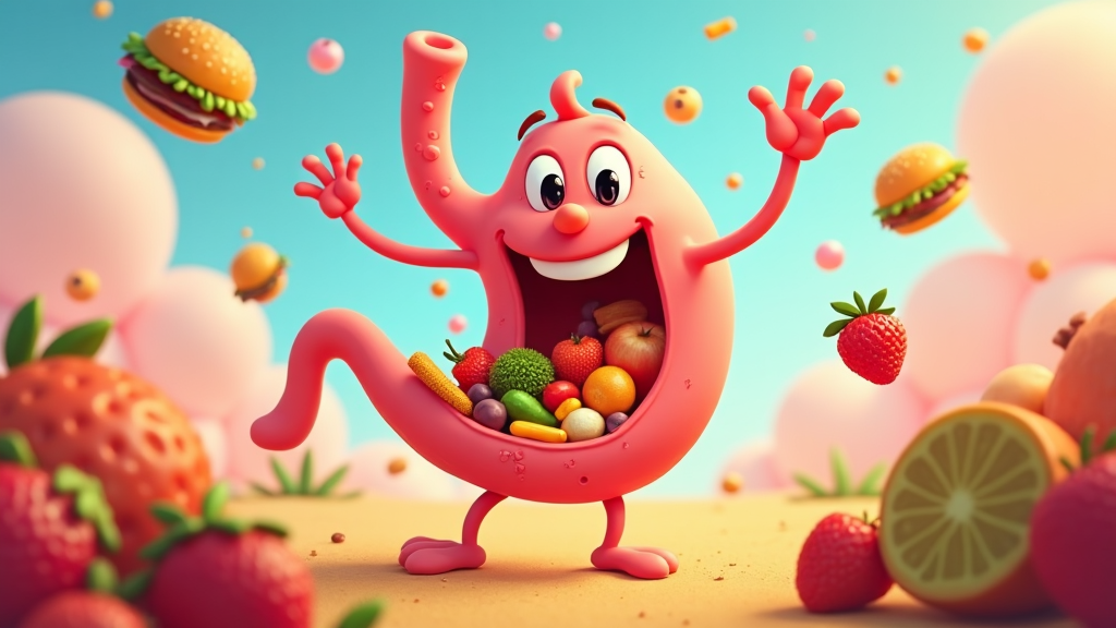 The image shows a cartoon character with a big smile on his face surrounded by a variety of fruits and vegetables, including strawberries, oranges, and other fruits. In the background, there are balloons and a bright blue sky, creating a cheerful atmosphere.