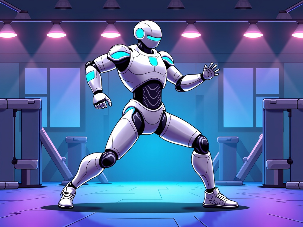  a robot in a gym. The robot is white with blue accents and has a round head with two blue eyes. It is standing on its hind legs with its arms stretched out to the sides and its hands in a fighting stance. The background of the image shows gym equipment and a large window. The floor is made of blue tiles and there are several spotlights hanging from the ceiling. The overall color scheme of the room is blue and purple.