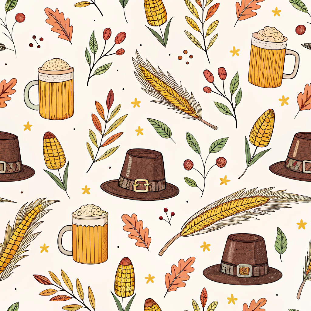 Seamless Thanksgiving pattern featuring pilgrim hats, native feather headbands, corn ears, and steaming mugs of cider. The elements have a hand-drawn style, with warm colors highlighting the motifs on an off-white background, creating a nostalgic and inviting feel for the Thanksgiving holiday.