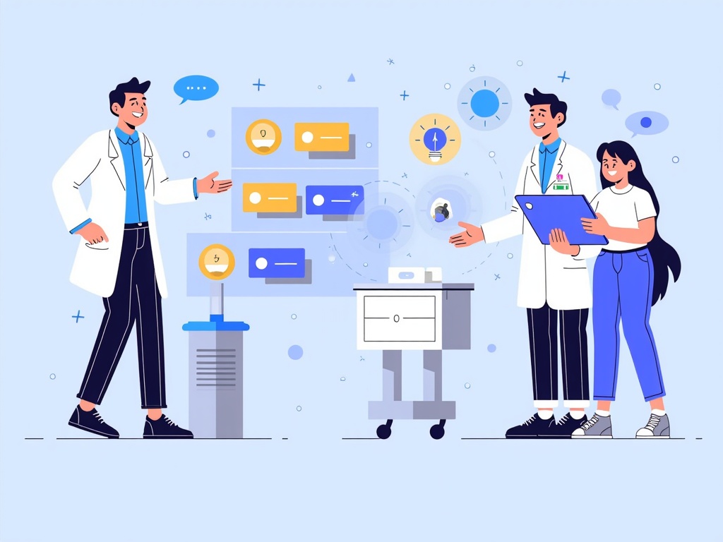 A future hospital scene where AI robots and systems are seamlessly integrated. In the foreground, a doctor and a patient are having a conversation, with the AI's proposed treatment plan displayed between them. The ethical implication is shown by the patient having clear options to question the AI, understand its reasoning (visualized as a transparent thought process), or opt for human-only decision-making.