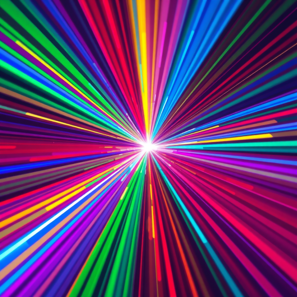 Radiant Convergence: Abstract light beams in diverse Pride colors merge and overlap, signifying various identities uniting dynamically, reminiscent of light passing through a kaleidoscope.