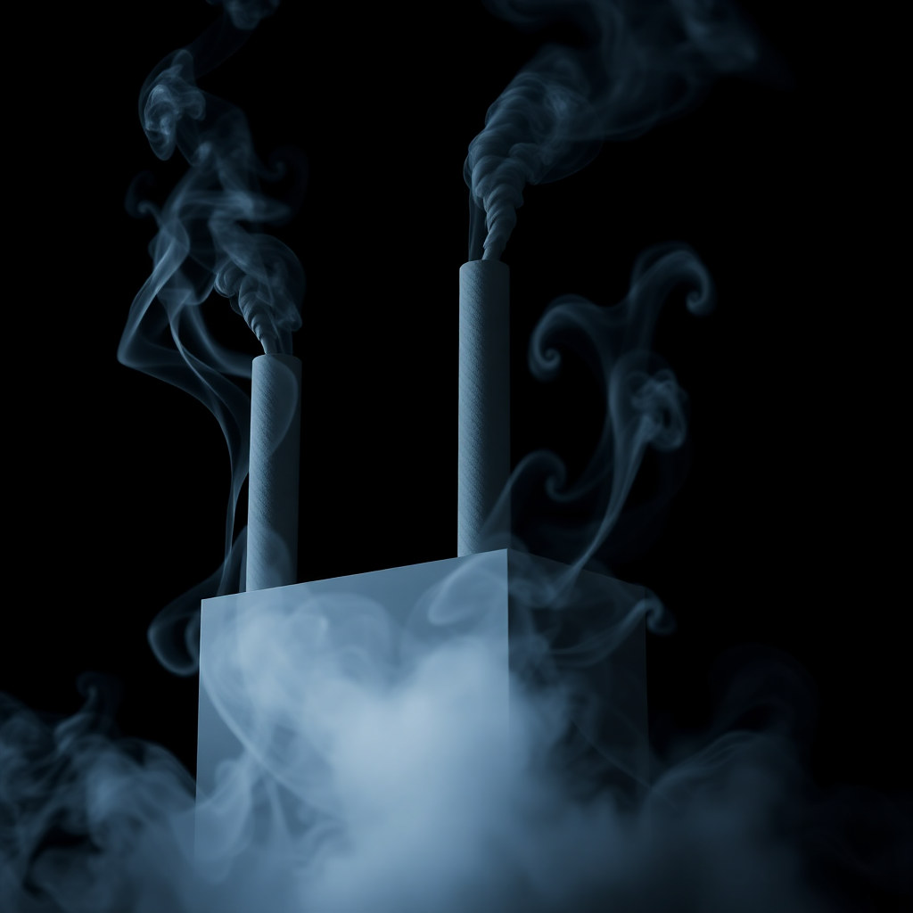 The image is a digital illustration of two tall, cylindrical objects with smoke coming out of them. The objects appear to be made of metal or a similar material, and they are standing upright on a black background. The smoke is white and billowing upwards, creating a sense of movement and energy. The image has a dark and moody tone, with the smoke appearing to be floating in the air. The overall mood of the image is mysterious and ethereal.