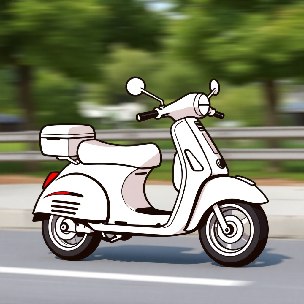 The image is a digital illustration of a white scooter on a road. The scooter is in motion, with the front wheel slightly blurred, indicating that it is moving at a high speed. The background is blurred, but it appears to be a park or a wooded area with trees and greenery. The sky is blue and the overall color scheme of the image is predominantly white and green.