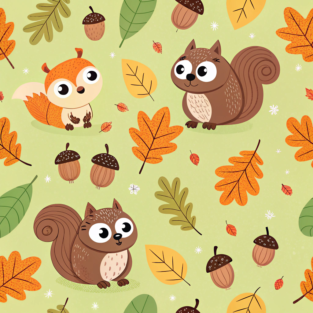 Cute Thanksgiving pattern showing owls and squirrels holding acorns, interspersed with orange and brown fall leaves. The charming characters are set against a lime green background, creating a lively and youthful representation of the Thanksgiving season.