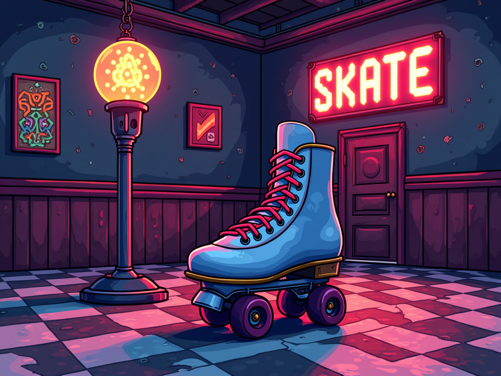 Pixelated Nostalgia Trip: An 8-bit or 16-bit pixel art design depicting a scene with a pixelated roller skate, a glowing pixel art lava lamp, and possibly elements like a checkered skate rink floor or a pixelated neon sign saying 'SKATE'. Color palette: vibrant, classic arcade game colors.