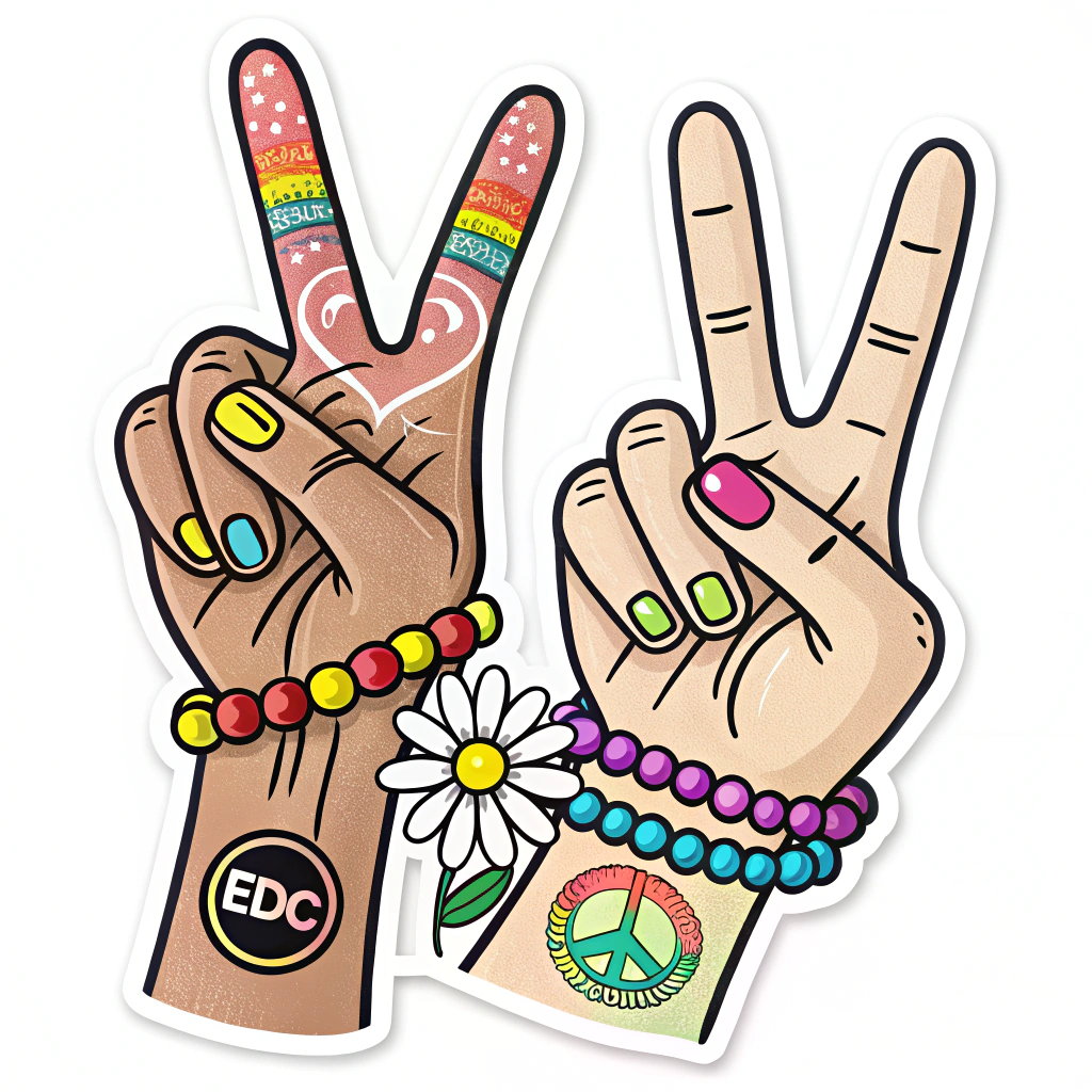 Sticker featuring two stylized hands forming the PLUR (Peace, Love, Unity, Respect) hand gesture, with colorful Kandi beads subtly incorporated as bracelets on the wrists or as a decorative border around the hands. The EDC daisy logo could be a small element within the design.