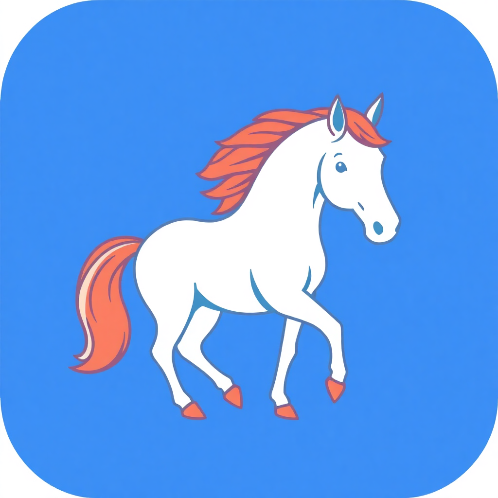 The image is a square icon with a blue background. In the center of the icon, there is a white horse with a red mane and tail. The horse is standing on all fours with its legs stretched out in front of it. Its head is turned slightly to the side and its eyes are looking towards the right side of the image. The mane is flowing in the wind and the tail is a bright orange color. The overall style of the illustration is simple and cartoon-like.