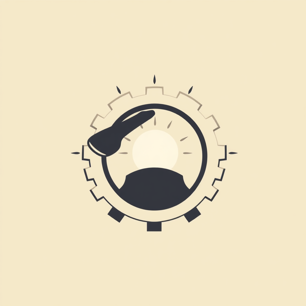 Sub-design 3: An abstract representation where elements of a hammer and gear merge to form a foundational structure or a rising sun, symbolizing the dawn of a 'fairer 2025'.
