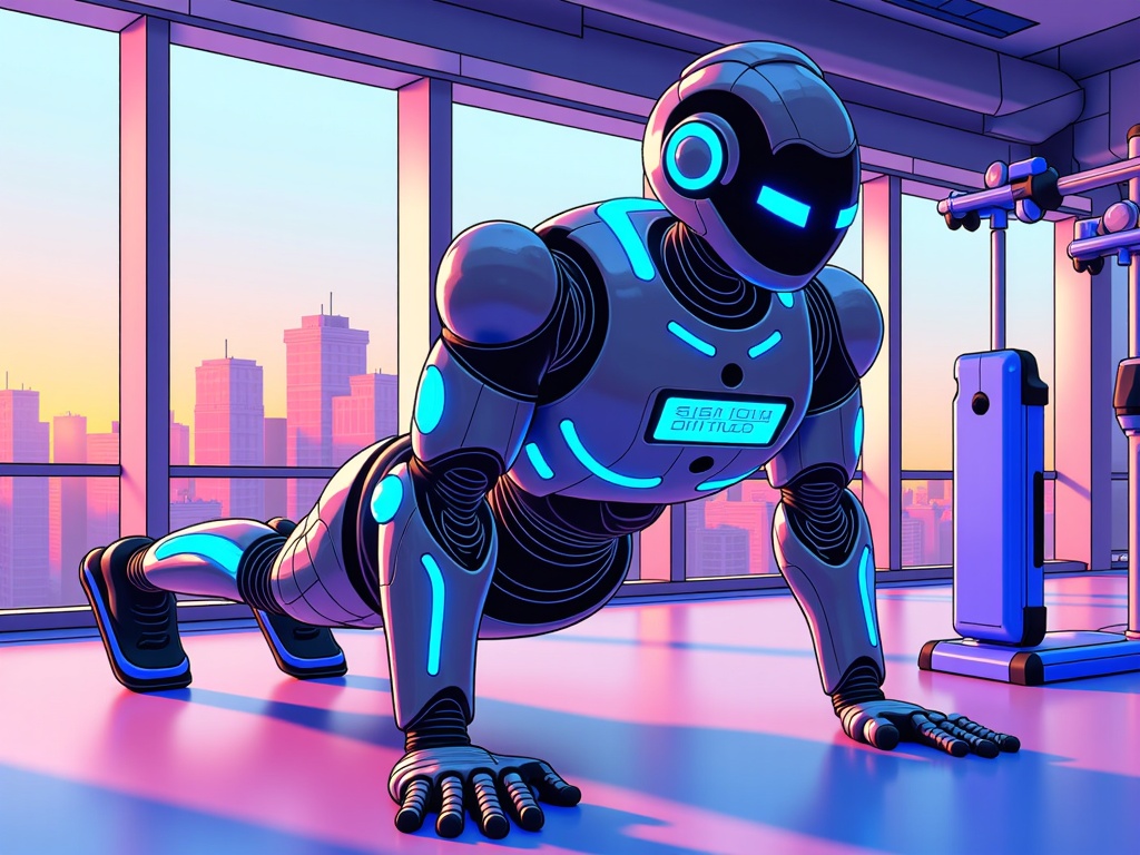  a robot in a gym. The robot is in a crouching position with its arms and legs stretched out in front of it. It has a round head with blue eyes and a small screen on its chest. The body of the robot is black with blue accents. The background shows a large window with a view of a city skyline. The floor is made of concrete and there are various exercise equipment scattered around the room. The overall color scheme of the image is blue and purple.