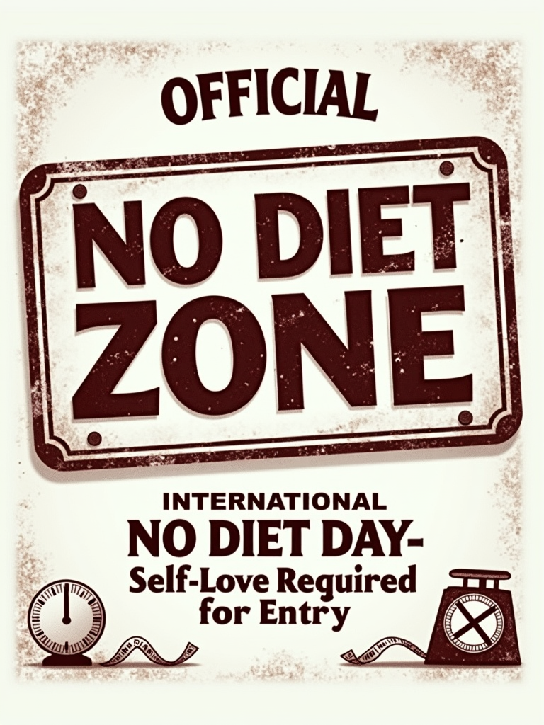 T-Shirt Design Idea 1: 'Official No Diet Zone Declaration'. Features bold, impactful 'NO DIET ZONE' text styled like an official stamp or a playful road sign. Subtext: 'International No Diet Day - Self-Love Required for Entry.' Visuals could include a simple border or crossed-out diet paraphernalia (like a tiny crossed-out scale or measuring tape) subtly integrated.