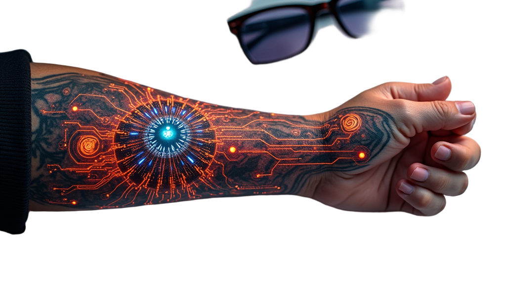 Intertwined Growth: A human forearm where flesh and sinew organically morph into glowing circuit patterns and geometric AI structures, possibly with digital flora blooming from the connection.
