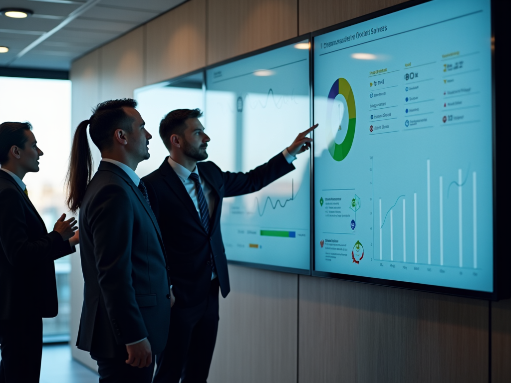 Government personnel showcasing new efficiency software on large touch screens, highlighting innovation within the department.