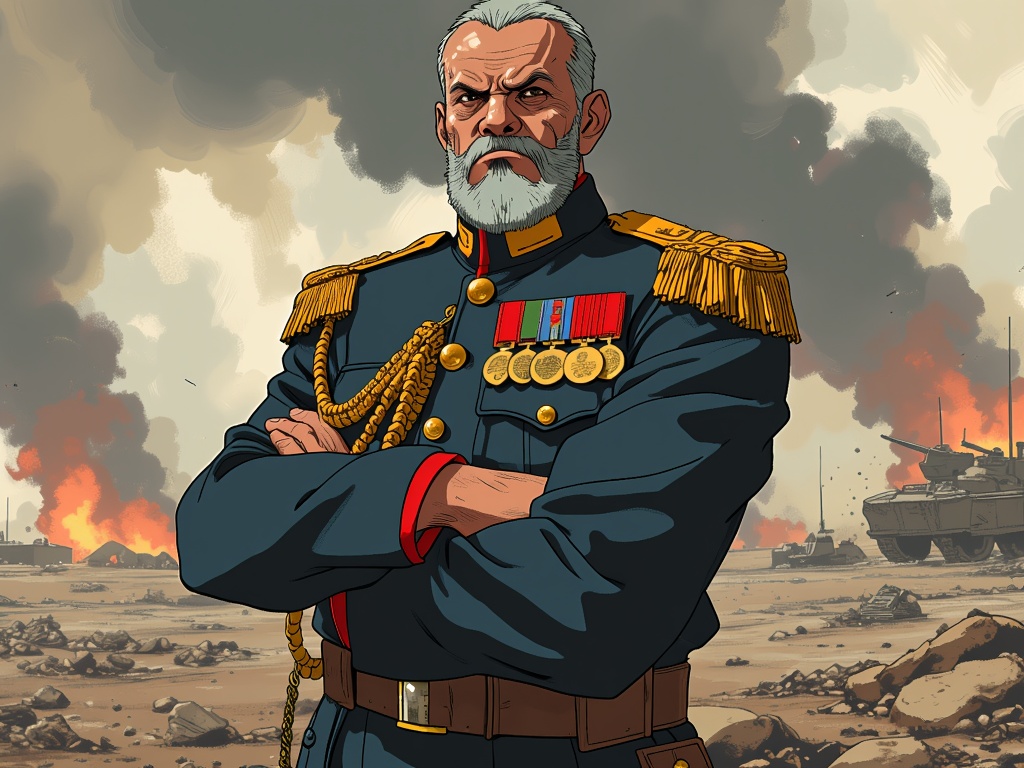 The image is an illustration of a man in a military uniform standing in front of a raging fire. The man has a white beard and mustache and is wearing a blue coat with gold epaulettes and medals on his chest. He has his arms crossed and is looking directly at the camera with a serious expression. In the background, there are several tanks and other military vehicles on the ground, and the sky is filled with smoke and flames. The overall mood of the image is tense and ominous.