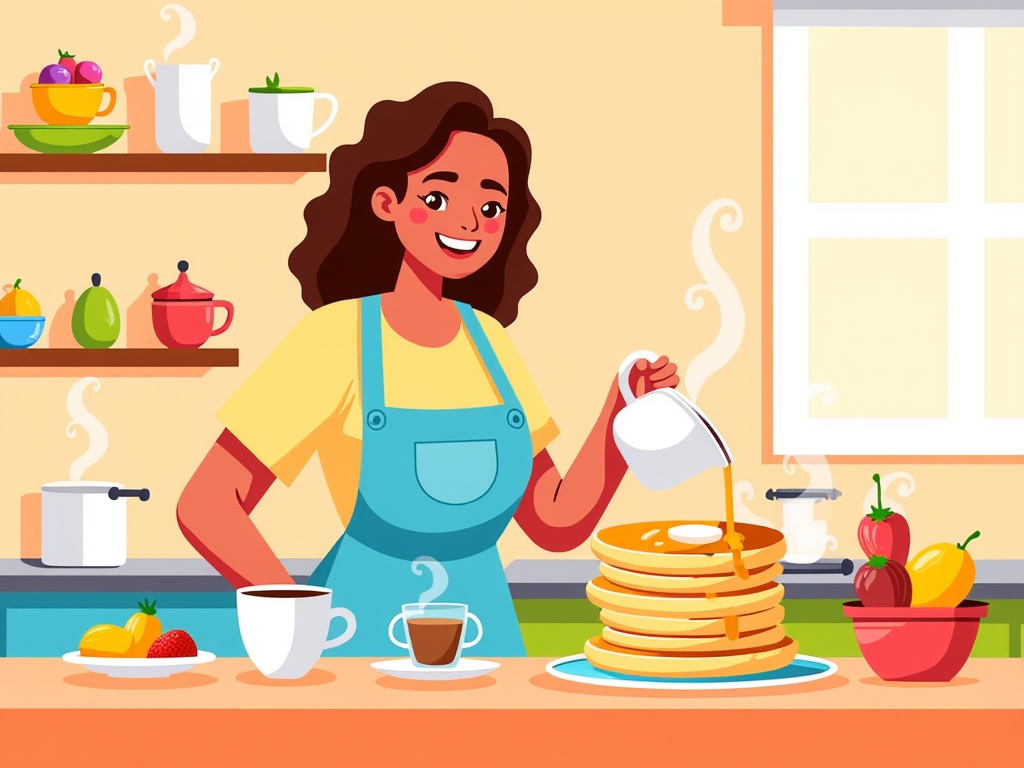  a young woman in a kitchen. She is wearing a blue apron and is standing in front of a kitchen counter with a stack of pancakes on it. The woman is pouring syrup from a white jug into a stack on top of the pancakes. There are two cups of coffee on the counter and a bowl of fruit on the right side of the counter. On the left side, there is a shelf with various kitchen items such as a pot, a kettle, and a plate of fruit. The background shows a window with white curtains. The overall color scheme of the image is bright and cheerful.