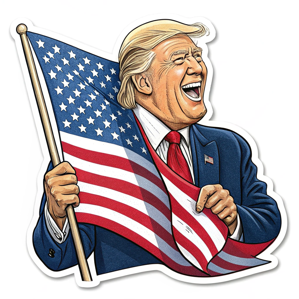 A sticker showing Donald Trump with a big smile holding a banner of America.