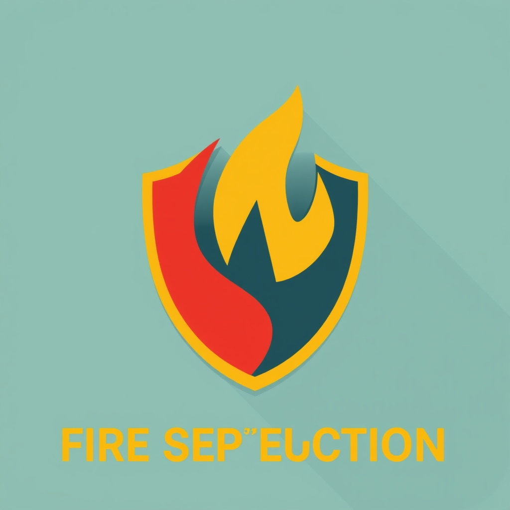 A bold, modern icon featuring interlocking shapes of a flame and a shield to represent fire suppression.