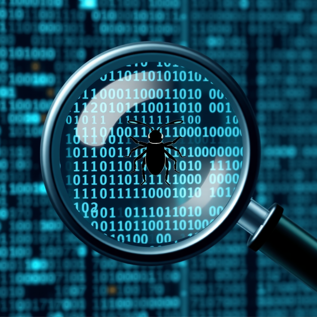 Sub-design Idea 2: Magnifying glass where the lens displays abstract digital data patterns or binary code. A distinct anomaly or a bug icon is highlighted and enlarged within this data, signifying detection and analysis.