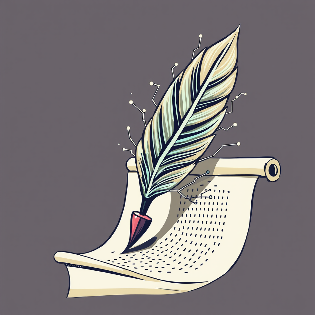 Sub-design idea 2: Digital Quill & Scroll - A classic quill pen or artist's brush morphing into or intertwined with circuitry or binary code, symbolizing AI enhancing traditional creative tools. The 'scroll' it writes on could be a screen or data stream.
