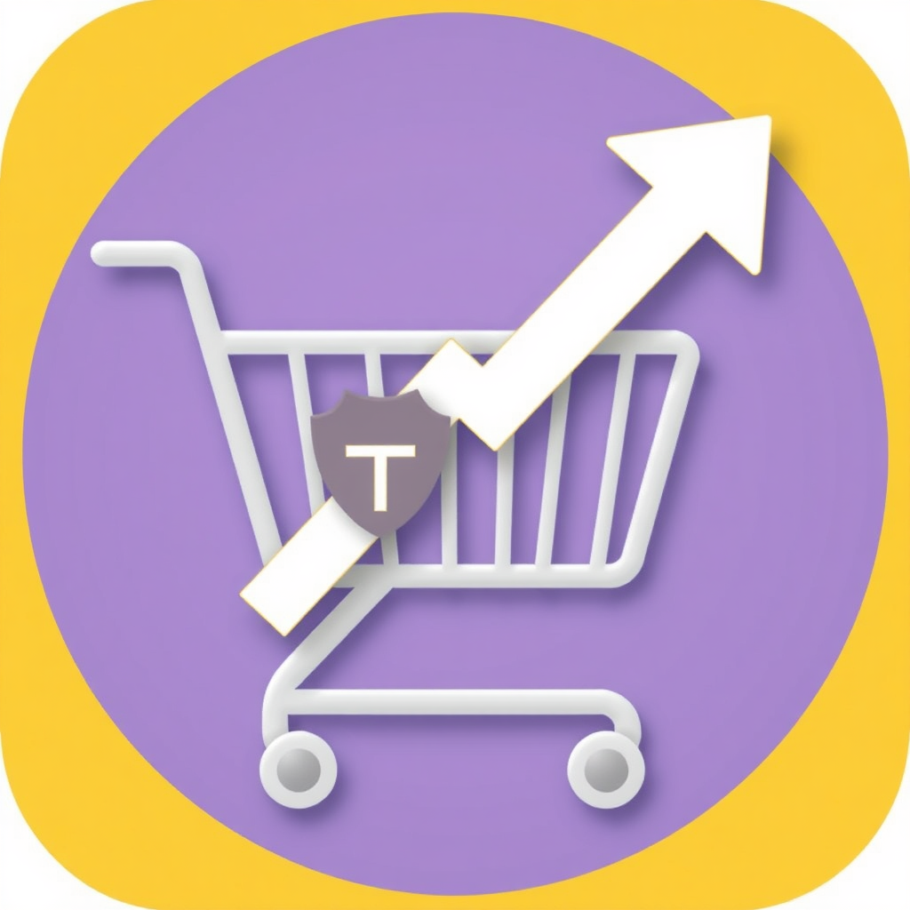 An icon showing a shopping cart. An upward pointing arrow is superimposed over it, with a small customs or tariff symbol (like a shield or 'T') impacting the arrow's origin, signifying prices pushed up by tariffs for consumers.