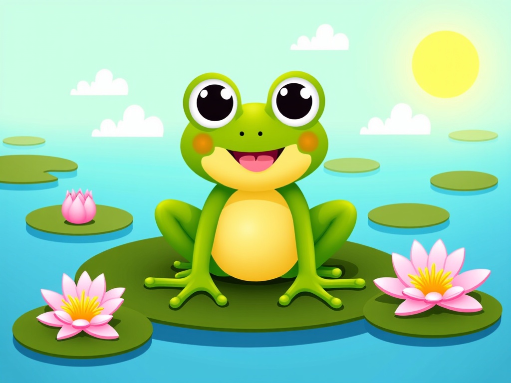 The image is a cartoon illustration of a green frog sitting on a lily pad in a pond. The frog has big, round eyes and a big smile on its face. It is wearing a yellow belly and is sitting on its hind legs with its front paws resting on the lily pads. There are two pink water lilies floating on the surface of the water. The background is a light blue sky with white clouds and a yellow sun. The overall mood of the image is cheerful and playful.