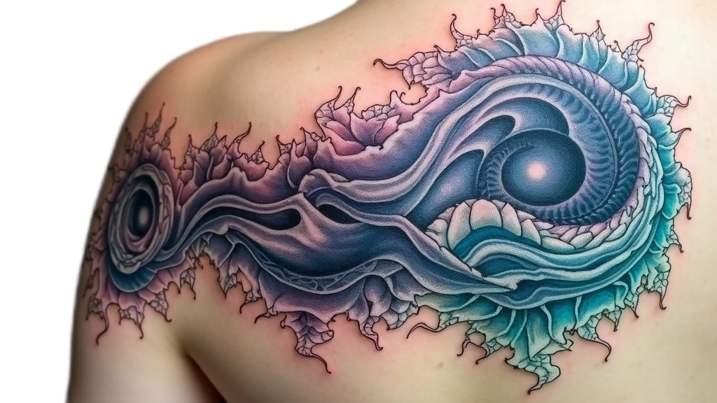 A tattoo design featuring evolving fractal patterns that expand organically across the skin. The self-replicating geometries, perhaps with shifting color gradients, symbolize the infinite depth and complexity of an AI's dawning awareness.