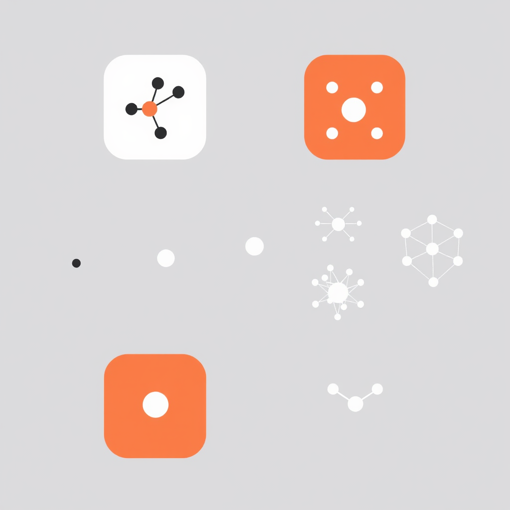 Evolving Nodes: An icon series showing a simple abstract node progressively transforming into a more complex interconnected structure, symbolizing the generative process from simplicity to intricate output.