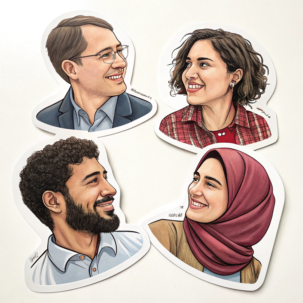 Sticker set with individual portraits of each partner that can be combined.