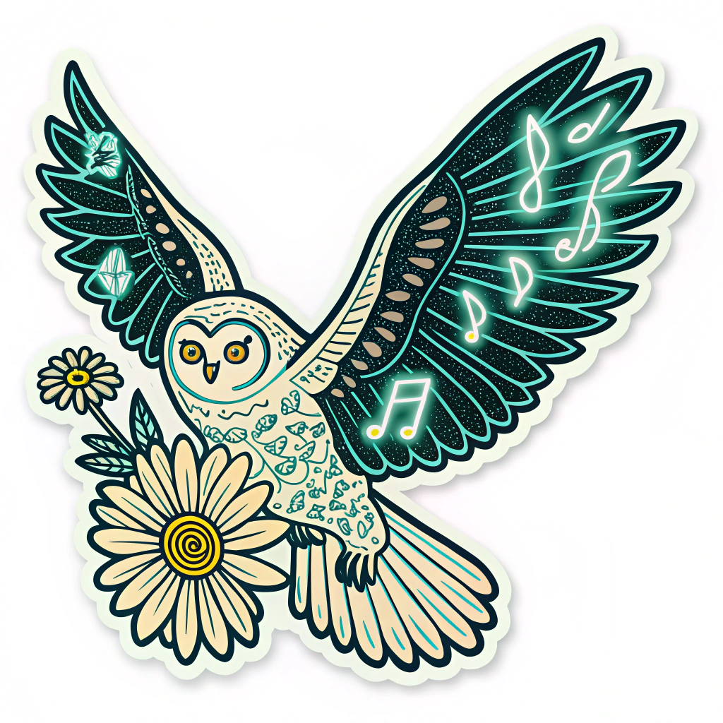A die-cut sticker of an owl in mid-flight, its wings spread. The owl's entire outline glows with a bright neon color. Its eyes are sharp, focused, and a contrasting neon color, looking intently forward. Tiny neon musical notes or daisy icons could be subtly integrated into its wing patterns.