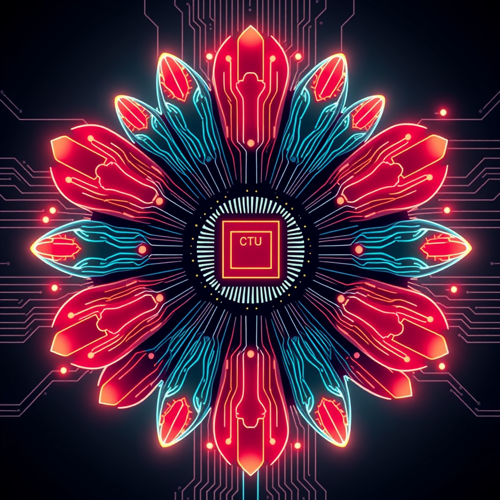 Circuit Bloom: The daisy visualized as an intricate circuit board. Petals are formed by glowing energy pathways, and the center mimics a CPU. A retro feel is achieved through older, chunkier circuit designs or subtle 8-bit pixelation.