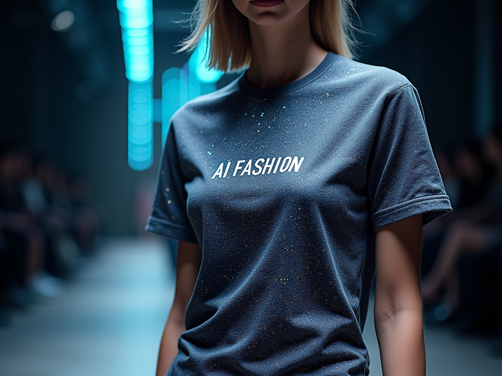 A t-shirt design that looks like a piece of clothing from a futuristic fashion show, with subtle digital artifacts or a 'rendered' aesthetic, and the text 'AI Fashion: Prompted. Printed. Perfected.' integrated stylishly.