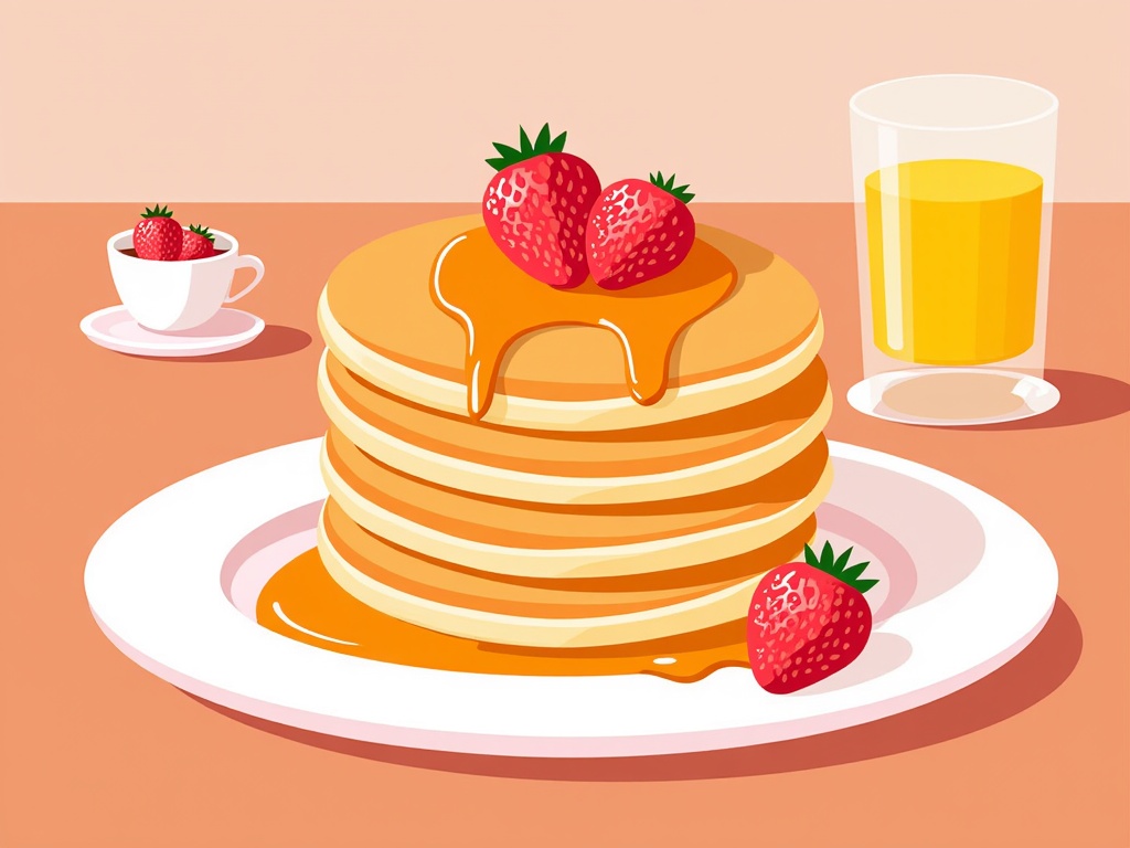  a stack of pancakes on a white plate with a drizzle of syrup on top. The pancakes are golden brown and appear to be freshly made. On top of the stack, there are three fresh strawberries with green leaves. Next to the plate, there is a glass of orange juice. On the left side of the image, on the right side, is a small white cup and saucer with a strawberry on it. The background is a light pink color.