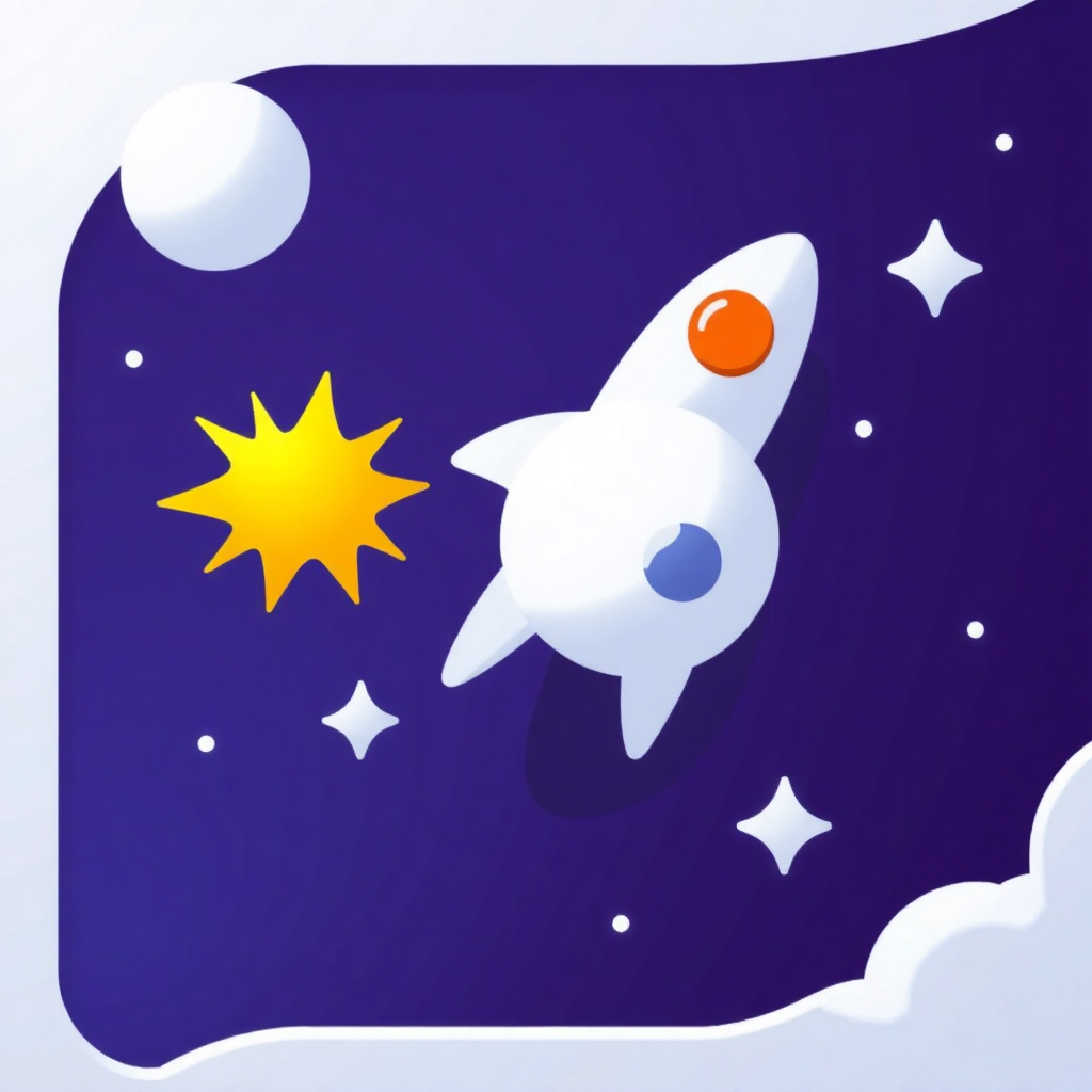 The image is an illustration of a space scene with a blue background. In the center of the image, there is a white rocket with an orange circle on its nose and a yellow star on its back. The rocket is flying towards the right side of the frame, with a white cloud on the bottom right corner. The background is filled with white stars and planets, creating a starry night sky. The overall color scheme is blue and white, giving the image a peaceful and serene feel.