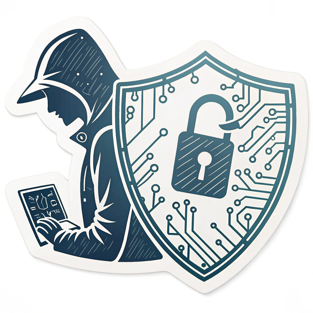 Sub-design 3: The anonymous silhouette subtly merged with a shield or a broken padlock icon. The shield could have circuit board patterns, and the broken padlock implies access or vulnerability.