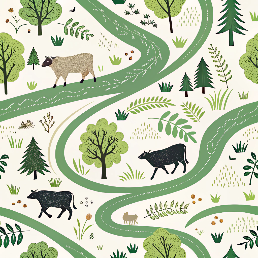 Rotational Grazing Paths Pattern: Abstracted designs depicting paddock shapes, animal silhouettes (cows, sheep), and their movement trails integrated with healthy pasture visuals, emphasizing animal integration in the system.