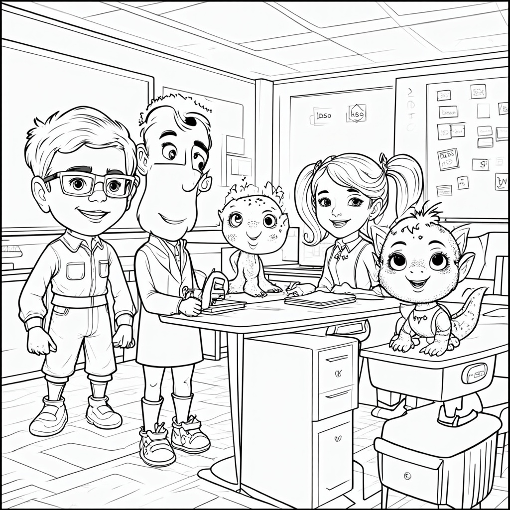 A scene showing sidekicks in 'sidekick academy,' learning essential skills like gadget repair, code deciphering, and super-pet care, filled with humorous details.