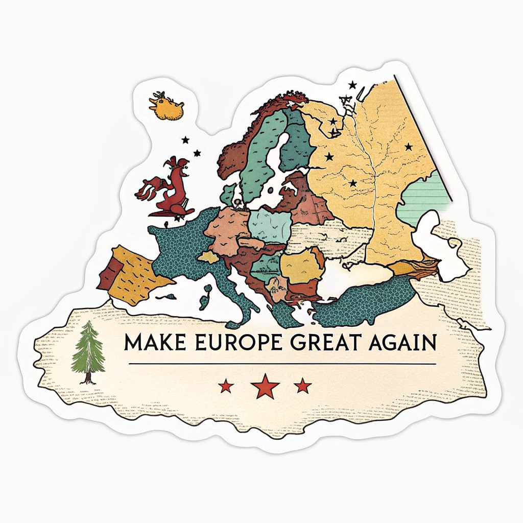 Design a vintage travel poster sticker with a stylized map of Europe and the slogan 'Make Europe Great Again' in a classic font.