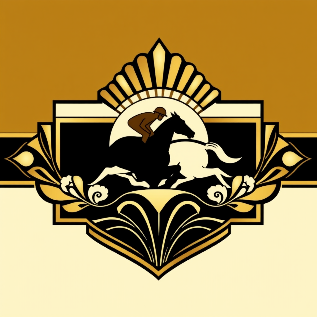 Sub-design Idea 4: Art Deco Inspired Elegance. A logo drawing from Art Deco aesthetics with clean lines, symmetrical forms, and geometric patterns, incorporating stylized representations of a racehorse, jockey, or roses. Metallic accents (gold, bronze) and a rich, classic color scheme would enhance the redefined elegance.