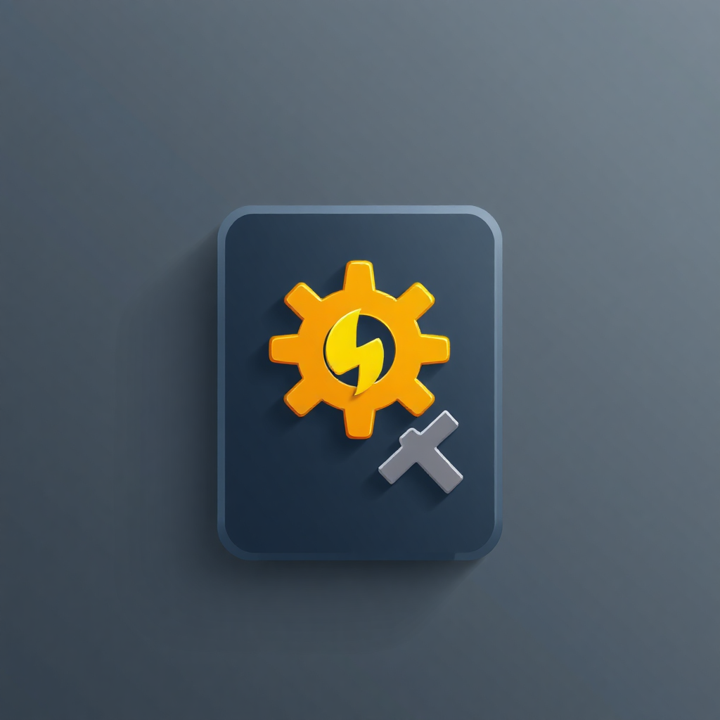 The image is a square-shaped icon with a dark blue background. In the center of the icon, there is a yellow gear with a lightning bolt symbol on it. The gear is in the shape of a circle and is slightly tilted to the right. On the right side of the gear, there are two white crosses, one on each side. The overall design is simple and minimalistic.